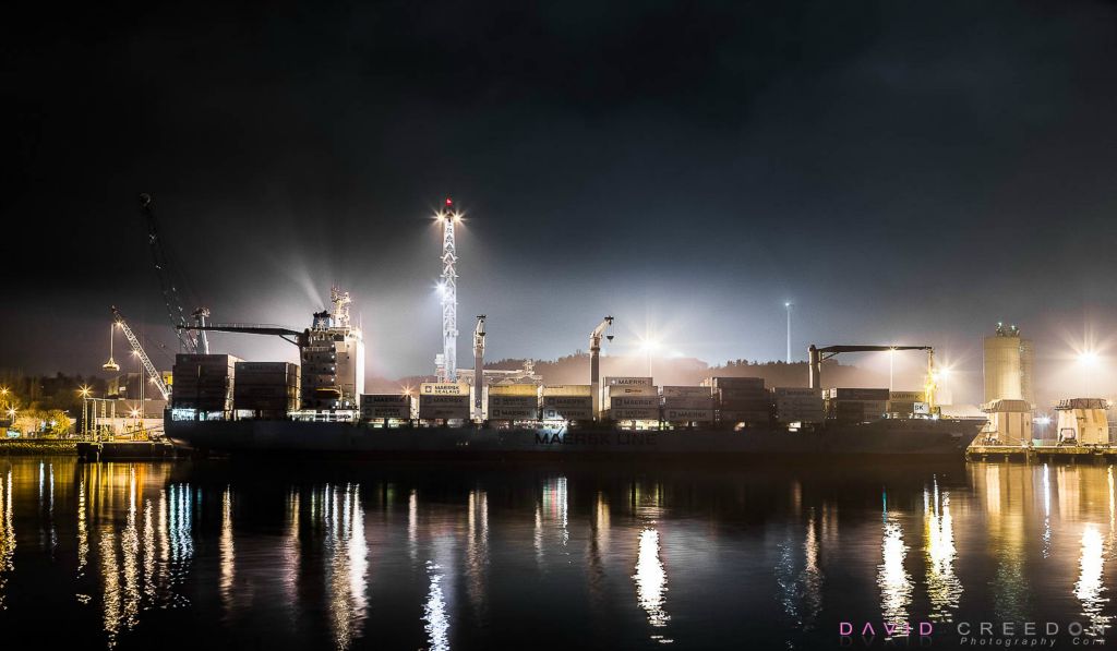 Container Ship Maersk Neston offloading her cargo during the night at the Port of Cork deep-water terminal in Ringaskiddy Co. Cork 