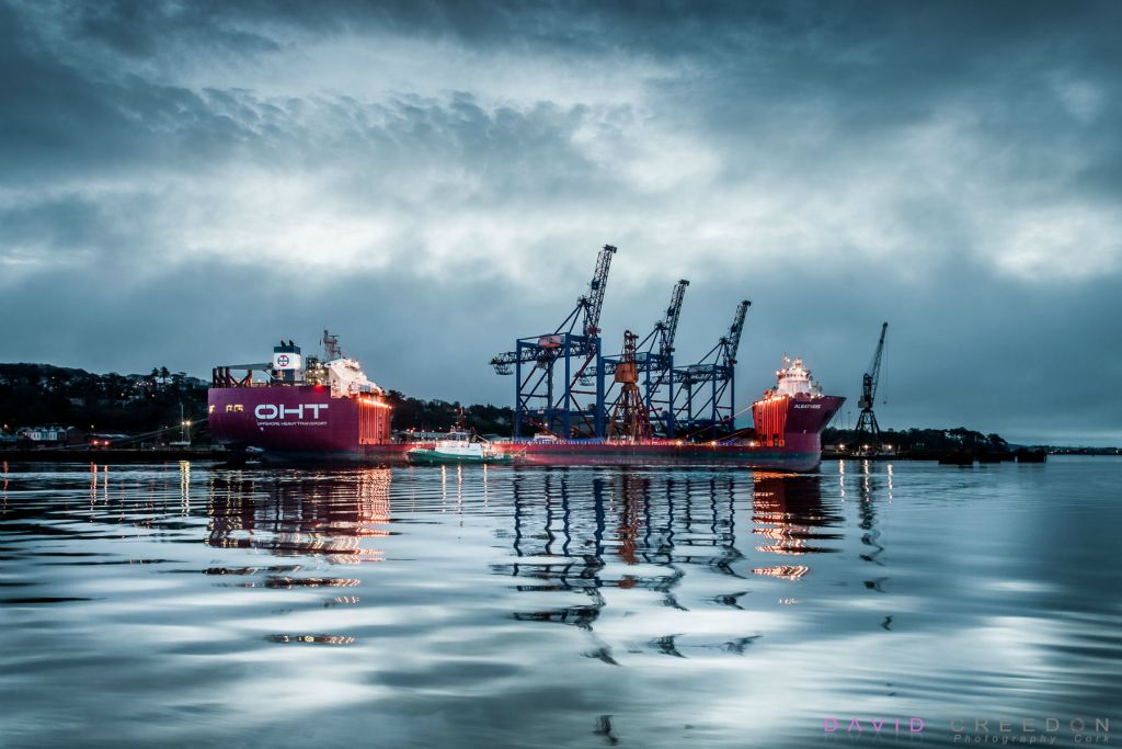 The semi-submersible heavy lift vessel Albratross at Cork Dockyard waiting to be loaded with three cranes each weighing more than 1,000 tonnes and 85 metres high which are bound for San Juan, Puerto Rico.