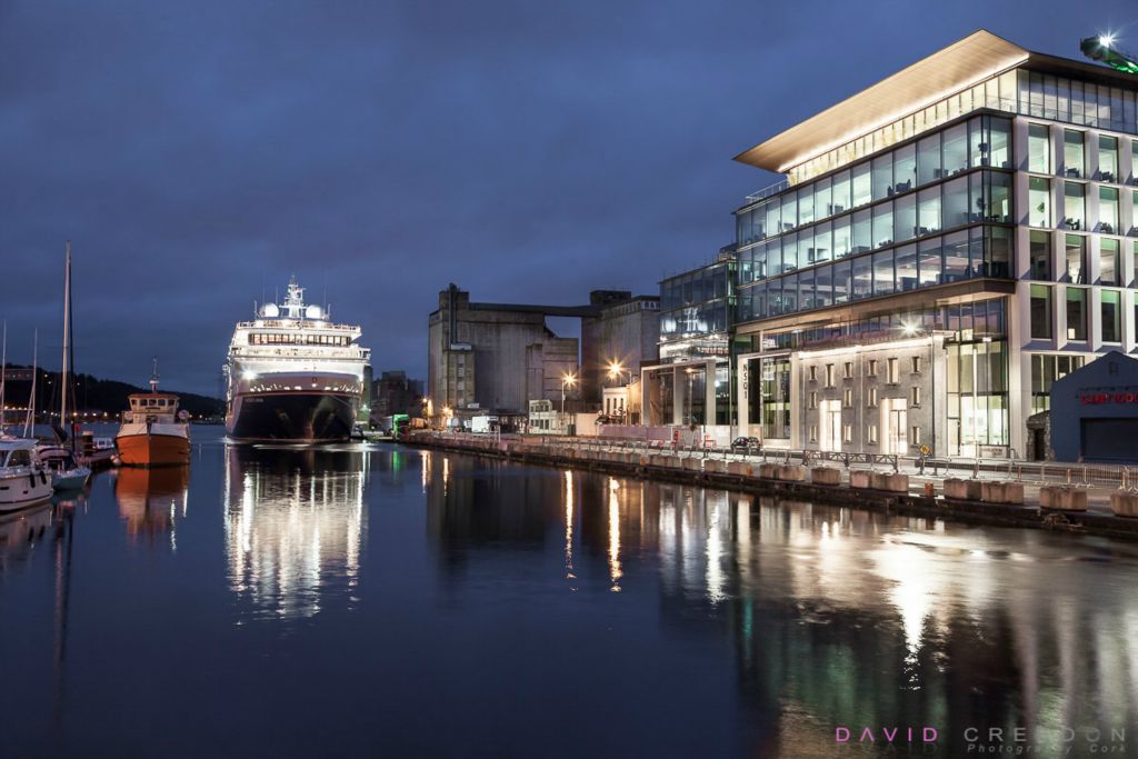 Cruise ship Hanseatic Nature berthed overnight at Kennedy Quay close to the new Navagation Building in Cork City.