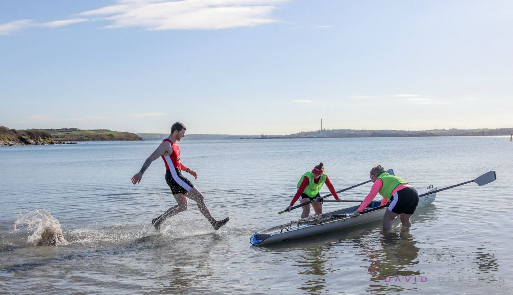 John Barry of  Kilmacsimon Rowing Club walks on water as he races to his boat during the start of the beach sprints at the Passage West Rowing Club's offshore regatta that was held at Loughbeg, Ringaskiddy, Cork. 
