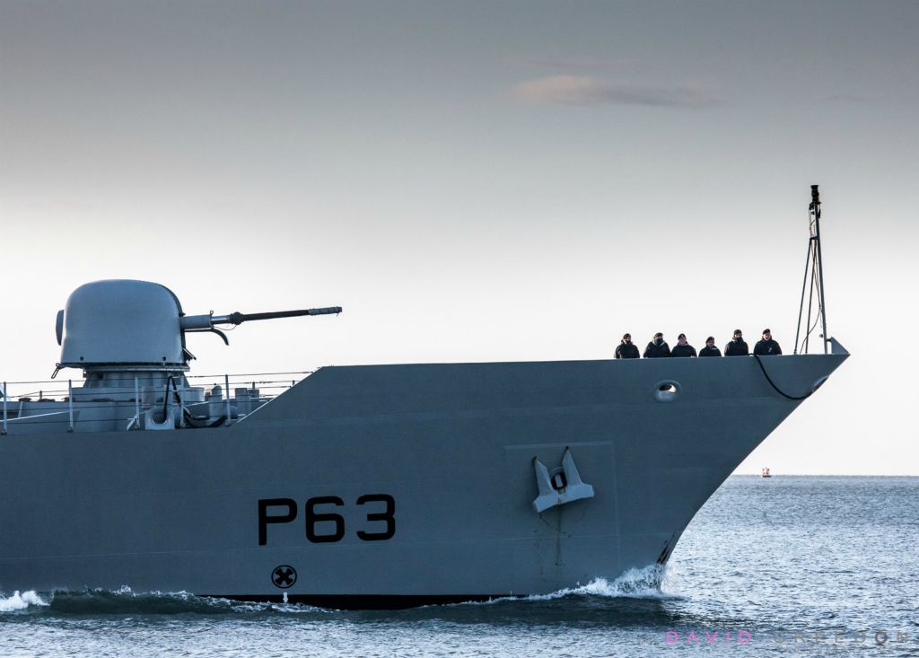 Returning from patrol, crew members of the Irish Naval Vessel LÉ William Butler Yeats seen here ‘manning the rails’ as they enter harbour.